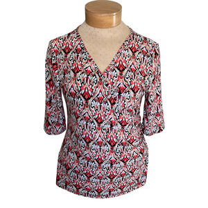 Susan Lawrence Women's Blouse XL V-Neck Floral Pattern Short Sleeve Red/Black